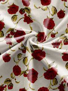 女士两件套，花卉印花，随机玫瑰花满版印花，波西米亚风优雅抽绳荷叶边下摆开衩，时尚休闲度假装 - 酒紅色 - 查看 7