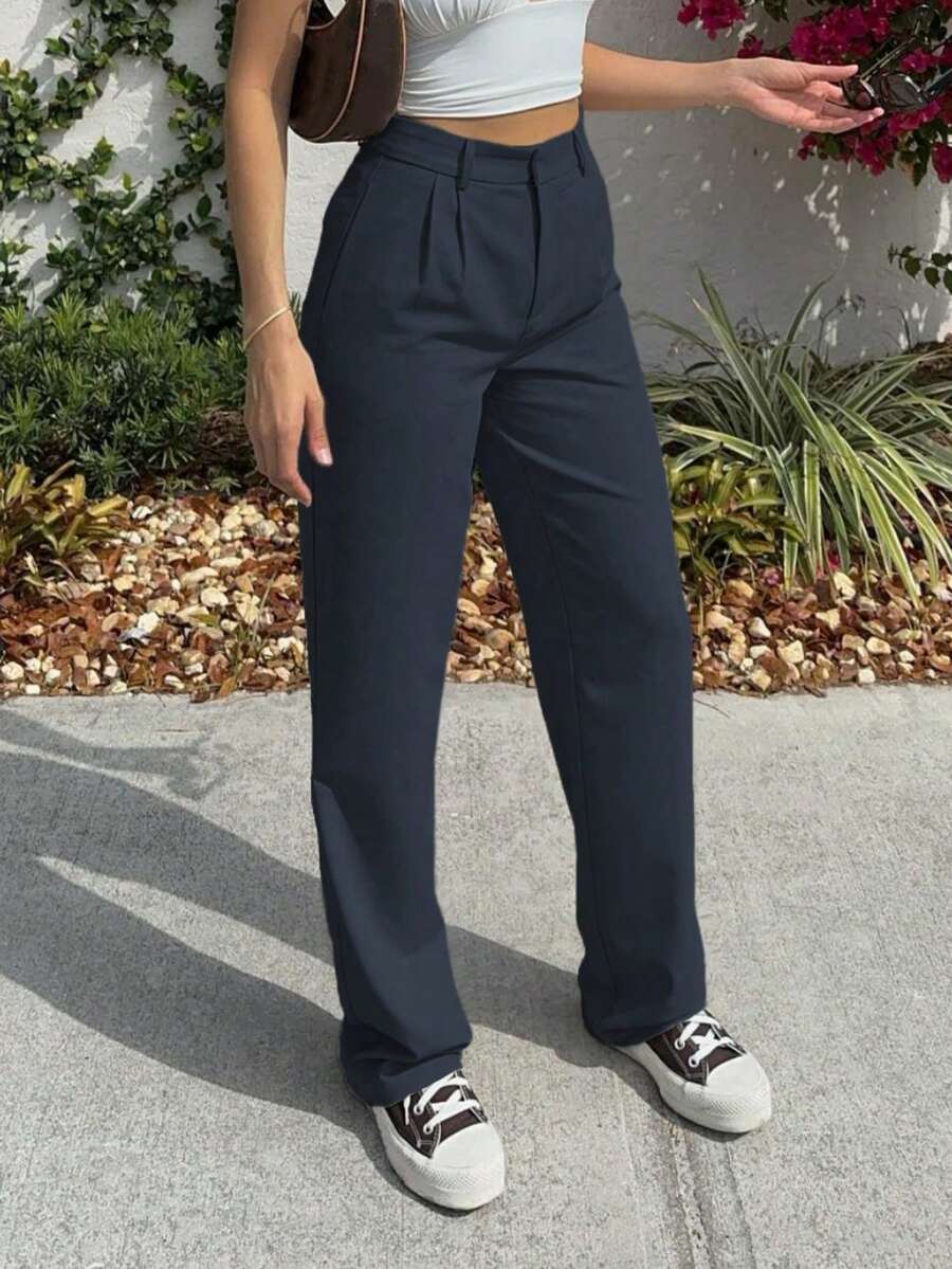 MYOURSA Solid Front Pleated Straight Leg Tailored Pants Spring - Iron Gray - View 1