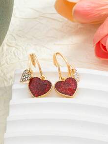 1 Pair Elegant Heart Pendant Earrings - Unique Minimalist Design For Women, Suitable For Daily Wear And Valentine's Day Gift - Red - View 6