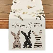 1pc Linen Easter Table Runner, Easter Bunny & Egg Pattern, Warm Floral Design, Available In Multiple Sizes, Suitable For Home Dining, Kitchen Decor, Home Decor, Outdoor Party And Restaurant Decoration, Textured Linen Appearance - White - View 14