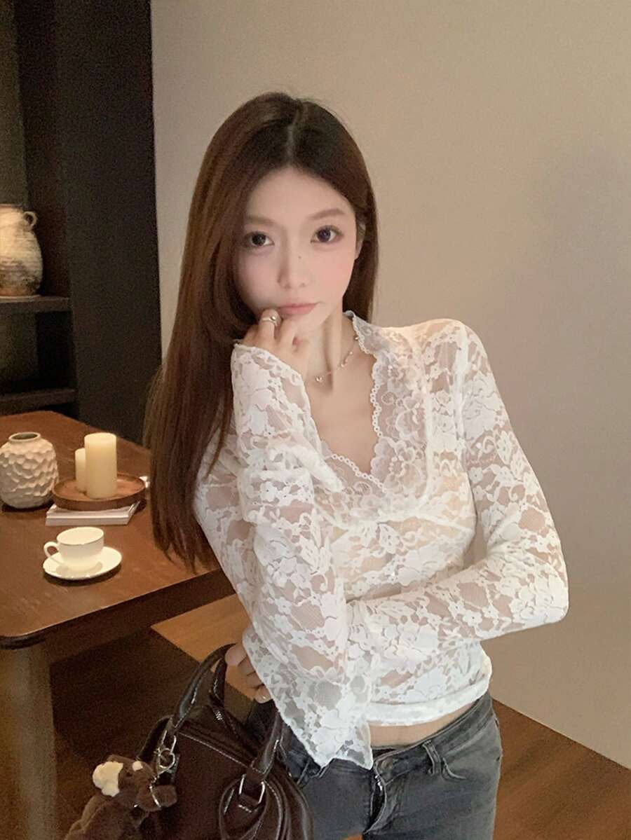 V领蕾丝修身长袖上衣 - 白色 - 查看 1