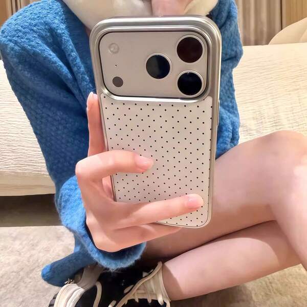 Korean Style Minimalist Silver Rim Resin Polka Dot Phone Case, Suitable For IPhone 17 Pro Max, 16 Pro Max, 15 Pro, 14, 13, Cute & Fashionable For Girls