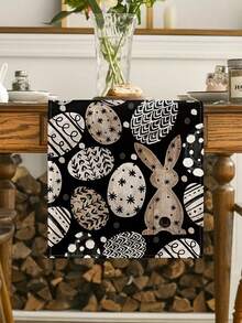 1pc Easter Seasonal Linen Table Runner, 1pc, 13x35.4/47.2/63/72/78.7 Inch | Bunny Rabbit Eggs Flowers Spring Kitchen Dining Table Decoration For Home Party Decor - Black and White - View 4