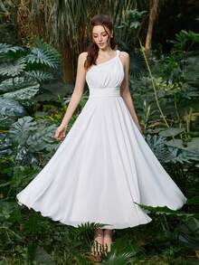 Faeriesty Women's Elegant Sleeveless White Chiffon Maxi Dress, A-Line Pleated Flowy Beach Wedding Guest Evening Gown - White - View 4