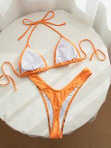 Women's Street Devil Cross Print High Cut Thong Backless Tie Back Beach Vacation Bikini Set Set Summer - Orange - View 7