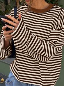 Women's Casual Top, Striped Contrast Ribbed Knit, Everyday Wear, Spring/Autumn - Khaki Brown - View 3