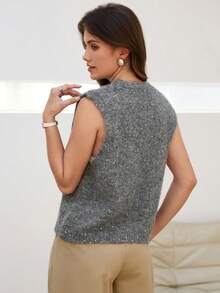 Women's Comfortable Deep V-Neck Sequin Sweater Vest, Regular Length, Slightly Stretchy, Spring Apparel - Dark Grey - View 5