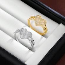 1pc Fashion Heart Shaped Cubic Zirconia Inlaid Ring, Couple Gift Design - Multicolor - View 1