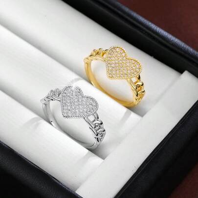 1pc Fashion Heart Shaped Cubic Zirconia Inlaid Ring, Couple Gift Design