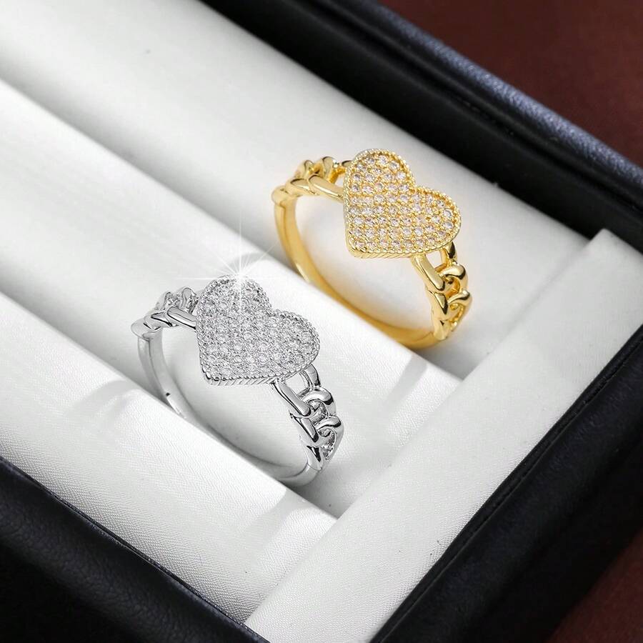 1pc Fashion Heart Shaped Cubic Zirconia Inlaid Ring, Couple Gift Design - Multicolor - View 1