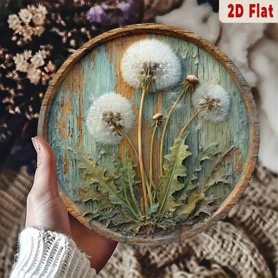 2D Flat Home Decor, Rustic Dandelion Flower Wall Art, Retro Round Metal Plaque, Artistic Window Decor, Unique Gift For Mother's Day, Housewarming, Living Room, Farmhouse, Random Hole Positions