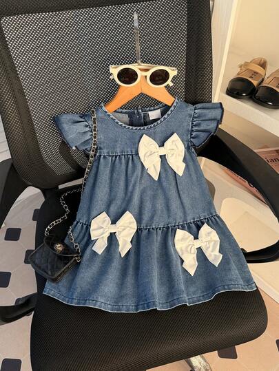 Infant/Baby GirlCute Casual Bow Decor Sleeveless Dress, Suitable For Daily, Outdoor, Street, School, Commute, Party In Summer