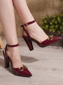 New Stylish Chunky Heel Pointed Toe Backless Sandals For Women With Buckle And Rhinestone Decor, Spring/Summer - Burgundy - View 1