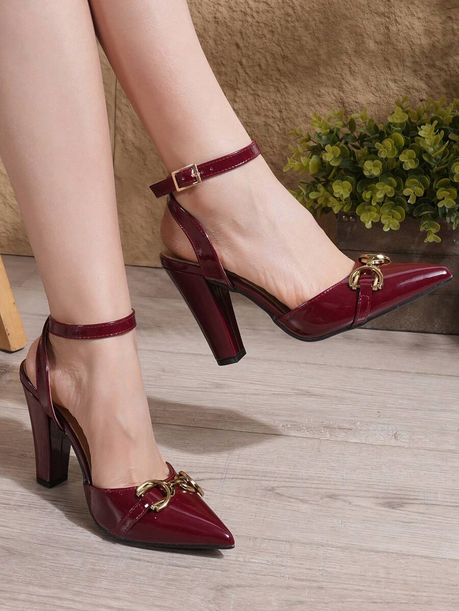New Stylish Chunky Heel Pointed Toe Backless Sandals For Women With Buckle And Rhinestone Decor, Spring/Summer - Burgundy - View 1