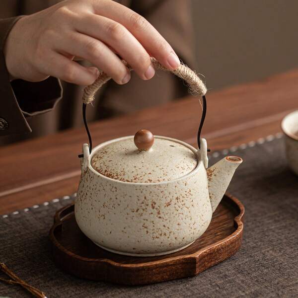 中式陶瓷功夫茶壶，家用茶壶，粗陶复古茶具，单壶带滤网，耐热手柄，茶壶，水壶
