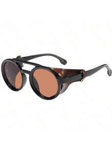 防风蒸汽朋克风格复古圆形时尚眼镜，男女皆宜，配有皮革侧翼，适合骑行、摩托车骑行和其他户外活动（不含眼镜盒），是夏季海滩度假和户外旅行的必备单品。 - 黑色 - 查看 11