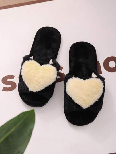 Women's Fluffy Heart-Shaped Open-Toe Slippers, Suitable For Indoor Home Use, Couple Slippers