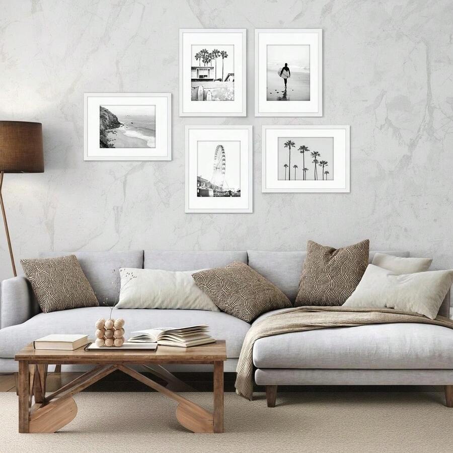 Set Of Five 12x16 Picture Frames With 8.5x11 Matting And Clear Acrylic Glass Covering In White - Multicolor - View 1