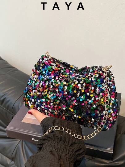 New Fashionable Colorful Sequin Square Bag, Zipper Opening, Lightweight Minimalist, Metal Chain, Soft Leather Small Capacity Shoulder Bag, Suitable For Women's Daily Life, Casual, Commuting, Work, Vacation, Party And Student Use