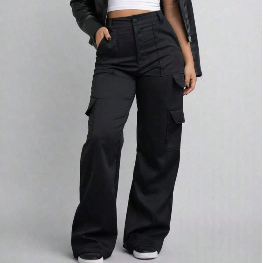 Women's Tailored Cargo Pants With Side Pockets - 黑色 - 查看 1