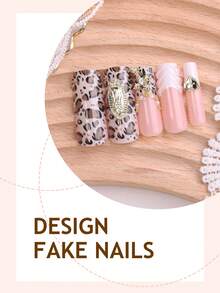 24 piezas Uñas postizas acrílicas francesas cuadradas y largas, con estampado de leopardo y decoraciones de cruz y corazón de metal 3D, en un estilo retro y de moda Y2K, con cobertura completa brillante, adecuadas para uso diario de mujeres y niñas - Multicolor - Ver 4