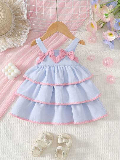 1pc Baby Girl Casual Everyday Chic Sweet Cute Blue Woven Spaghetti Strap Square Neck Pink Bow Decor Tiered Cake Dress, Summer