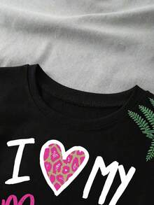 Young Girl Round Neck Letter & Heart Print Casual Versatile Daily Short Sleeve T-Shirt - Black - View 5