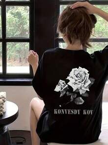 Women's Casual Rose & Letter Print Loose Fit Round Neck Short Sleeve T-Shirt, Spring/Summer - Black - View 1