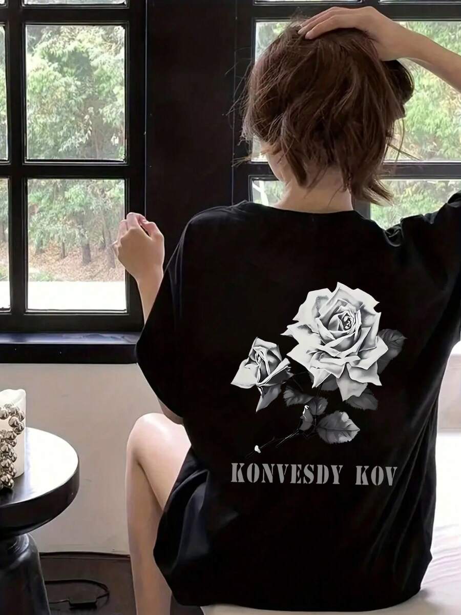 Women's Casual Rose & Letter Print Loose Fit Round Neck Short Sleeve T-Shirt, Spring/Summer - Black - View 1