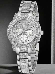 6pcs Luxurious And Elegant Women's Quartz Watch Set, Women's Silver Jewelry Set (Includes A Full-Rhinestone Silver Alloy Strap Chronograph Quartz Watch With A Rhinestone-Studded Dial, Heart-Shaped Rhinestone Silver Bracelet, Single Rhinestone Pendant Silver Necklace, Rhinestone-Studded Silver Earrings, Rhinestone-Studded Silver Ring). - Silver - View 4