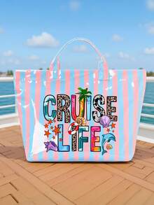 Pvc Striped Tote With "Cruise-Life" And Marine Life,Large Capacity Lightweight Handbag With Vertical & Horizontal Stripes | Multifunctional Commuter Travel,Fashiona Casual Pvc Striped Tote Bag, Heavy-Duty Durable Handbag, Fixed Shoulder ,Women's Large Capacity Shopping Bag Tote Bag, Suitable For Commuting And Travel Storage Bag, Suitable For Shopping, Stylish Casual Handheld Shoulder Purse - Multicolor - View 6