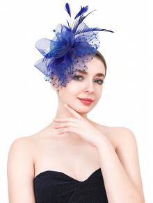 1 Peça Chapéu Fascinator Vintage Estilo Anos 20, 30 e 50 para Mulheres, Peça de Cabeça Encantadora com Laço, Flor e Véu, Adequado para Casamento, Chá da Tarde - Azul Royal - Visão 2