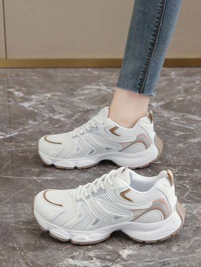 女士多功能运动厚底运动鞋，网面透气圆头厚底系带坡跟休闲鞋，橡胶鞋底防滑耐磨轻便多功能跑步鞋，日常穿搭拼接银灰色白色 36-41码