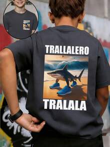 Tween Boy "Italian Brainrot-Tralalero Tralala" Graphic Round Neck Short Sleeve T-Shirt, Fashion Boys Summer Top - Dark Grey - View 1