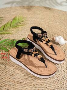 女士时尚波西米亚风凉鞋，休闲百搭，适合度假、派对、海滩，厚底人字拖 - 黑色 - 查看 6