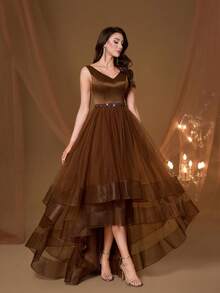 Đầm dạ hội dáng rộng thanh lịch cổ chữ V mới về của Mgiacy, đính ngọc trai và hạt cườm, chất liệu lưới, thích hợp cho mùa hè và đám cưới. - màu nâu - Xem 4