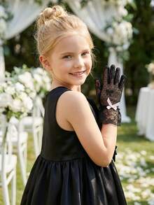 1 Pair Ultra Stretch Lace Gloves For Girl & Girls, Ages 4-12 Years, Black Series - Suitable For Wedding, Pageant, Flower Girl, Dance Performance & Birthday Princess Photo Props - 1Pair - View 4