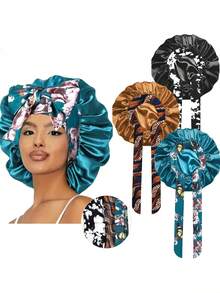 1/2/3/4 件装 女士弹力缎面睡帽/化妆帽/日常发帽，缎面帽（随机印花图案） - 多色3pcs - 查看 14