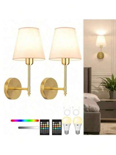 2pcs Cordless Wall Lamps With Rechargeable Dimmable LED And Remote Control - Wireless Plug-And-Play, Modern Semi-Flush Mount Metal Wall Sconces For Bedroom, Living Room, Hallway (No Wiring Required) - Batteries Included