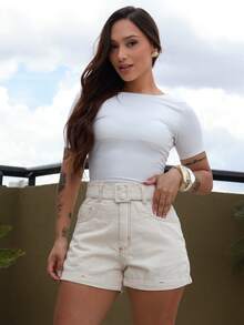 Women's Denim Shorts With A Covered Buckle Belt. - Champagne - View 3