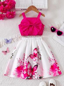 两件套女童露脐上衣，配大蝴蝶结吊带和蝴蝶印花半裙，时尚优雅，甜美可爱，适合生日派对、郊游、聚会等场合。 - 紅白色 - 查看 1