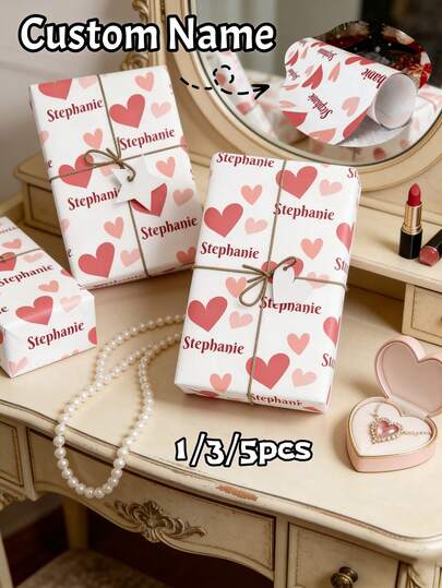1/3/5pcs Custom Text Wrapping Paper, Personalized Valentine's Day Gift Wrap With Name, Romantic Couple Gift Wrap For Anniversary Valentine's Day Christmas Birthday