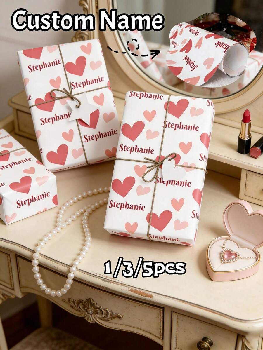 1/3/5pcs Custom Text Wrapping Paper, Personalized Valentine's Day Gift Wrap With Name, Romantic Couple Gift Wrap For Anniversary Valentine's Day Christmas Birthday - Multicolor - View 1