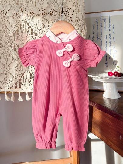 Baby Girls' Ribbed Fabric Breathable & Soft Romper, Contrast Color Short Sleeve, Bow Decor Collar, Elastic Leg Cuffs, Sweet & Cute Design