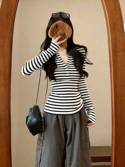Striped Contrast V-Neck Button Long Sleeve T-Shirt For Women, Slim Fit Layering Top For Early Autumn Casual Spring