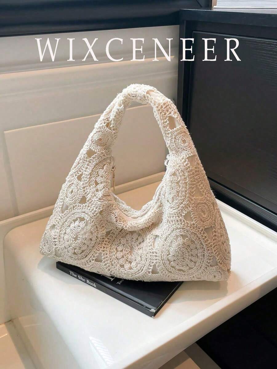 Hollow Floral Woven Bag Bohemian Beach Bag Holiday Casual Bag (Pattern Random) - Beige - View 1