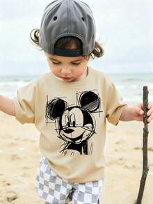 Disney Background Mickey Mouse Hand-Drawn Graffiti Style Print Kids' Loose Short Sleeve T-Shirt - Playful And Artistic Casual Top - Màu be - Xem 1