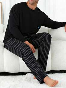 2pcs Men's Plus Size Casual Loose Solid Crew Neck Long Sleeve Top With Pockets & Striped Lounge Pants Pajama Set, Suitable For Spring, Autumn, Winter, Valentine's Day Gift