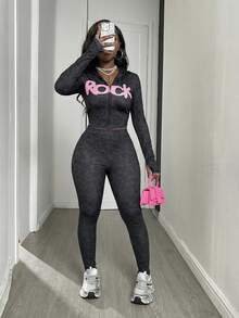 Women's Casual Hooded Zip-Up 2 Pieces Set, Leopard Print Graphic Sweatshirt Paired With Stretchy Skinny Pants - Grey - View 6