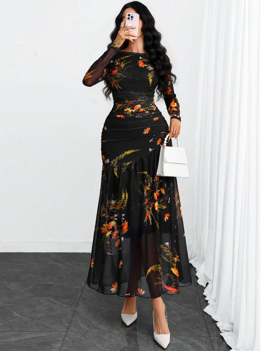 Women's Gothic Elegant Modern Contrast Striped Asymmetrical Ruffle Waist Double-Layer Mesh Long Sleeve Dress, Suitable For Dates, Vacations And Daily Commute Spring - Multicolor - View 1